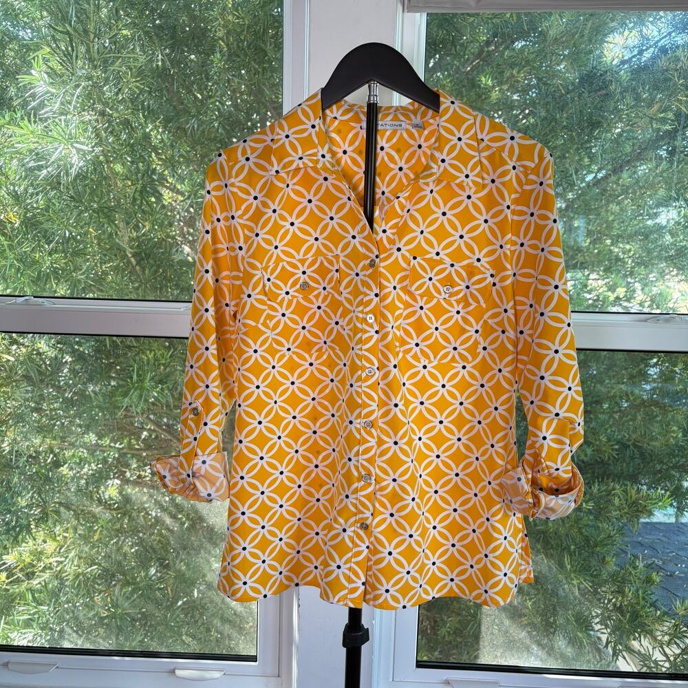 Notations Womans Yellow Orange Geometric Floral Button Blouse M
